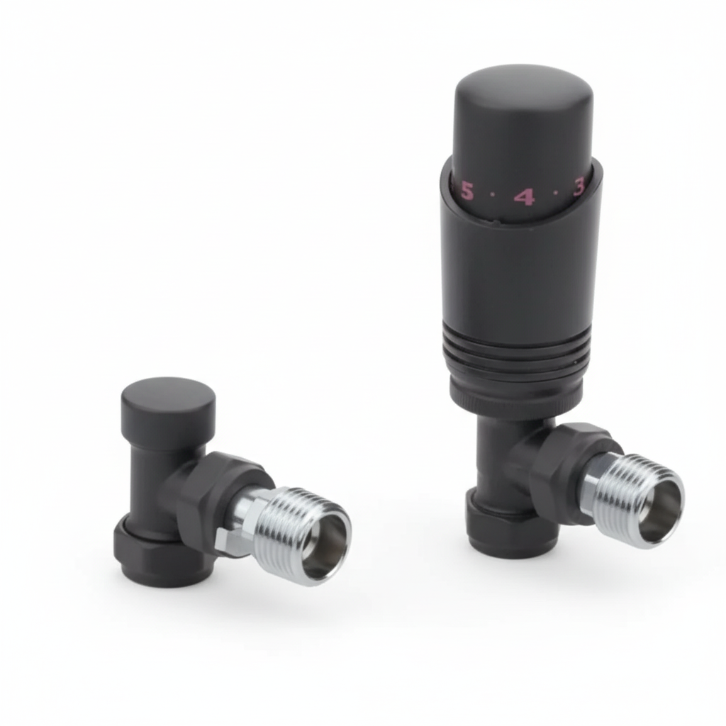 Thermostatic Angled Radiator Valve + l/s Matt Black