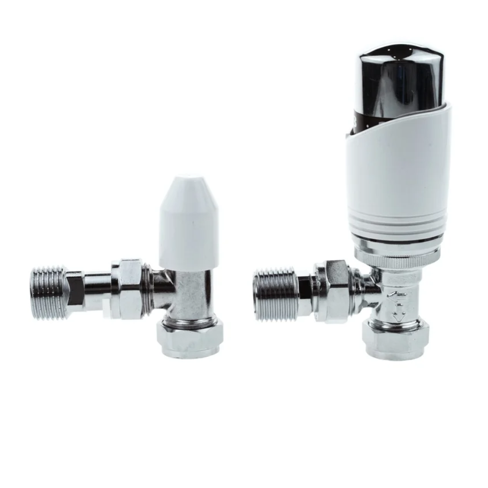 Thermostatic Angled Radiator Valve + l/s White/Chrome